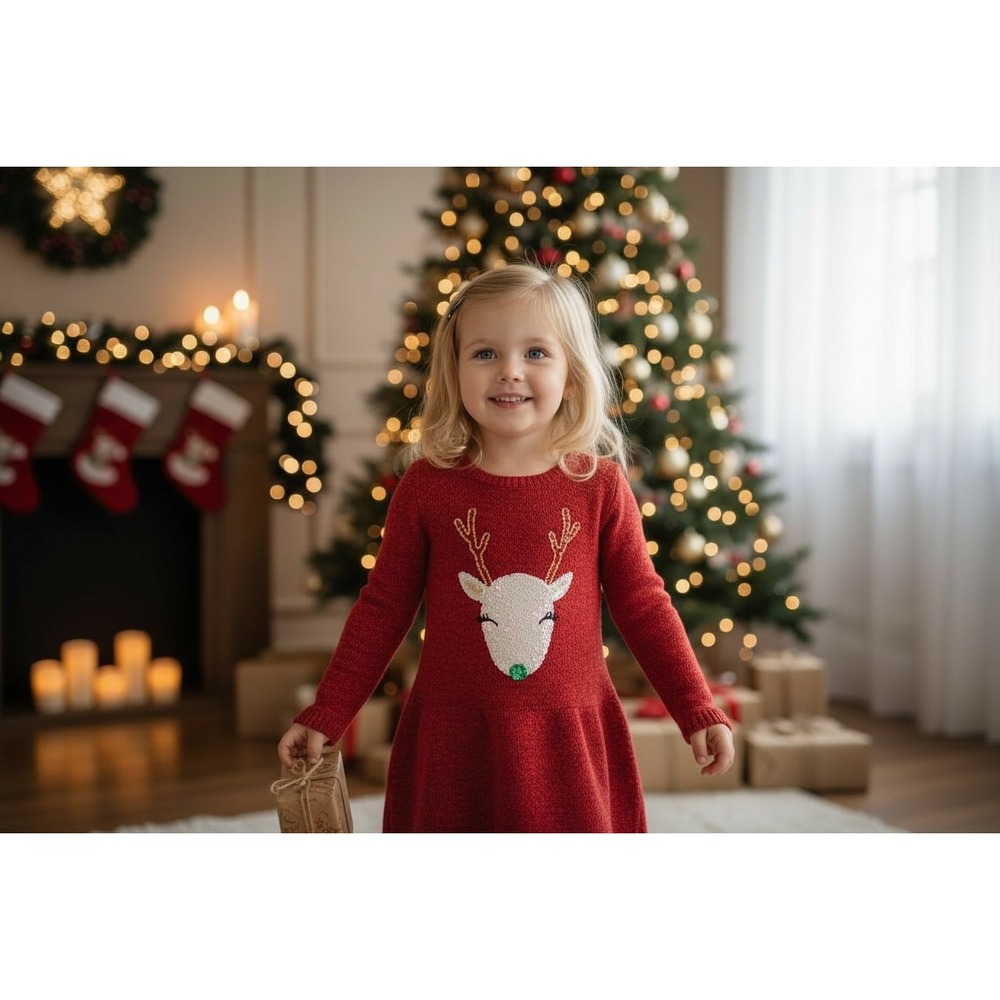 Gymboree Girls Size 10 Red Knit Christmas Reindeer Sweater Dress Long Sleeve